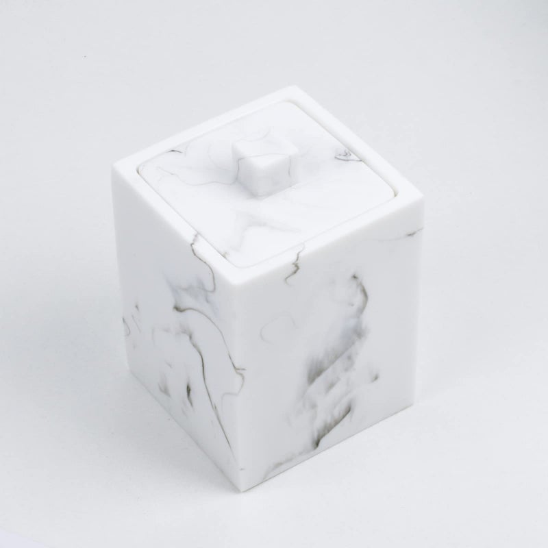 Jung Ford Qtip Holder for Bathroom with Lid â€“ Square Cotton Swab Organizer, Cotton Ball Dispenser, Makeup Pad Container â€“ Marble Look Resin Vanity Storage (White) - Image 5